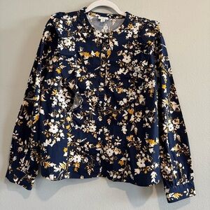 J.Crew Factory Dark Floral Button Up Shirt Ruffle Long Sleeve Office Cotton XXL